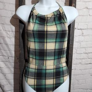 Green Plaid Bodysuit Small Emory‎ Park A99
